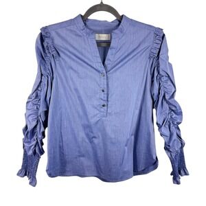 NOEN Ruched Sleeve V Neck Button Up Shirt Blue Cotton Blend Womens Size S